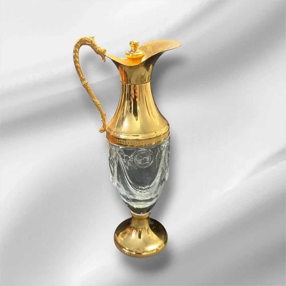 Vintage Italian Gold Tone Glass Decanter Pitcher Dragon Handle 7.25